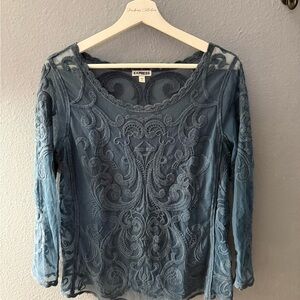 Express Teal Lace-Embroidered Long Sleeve Top